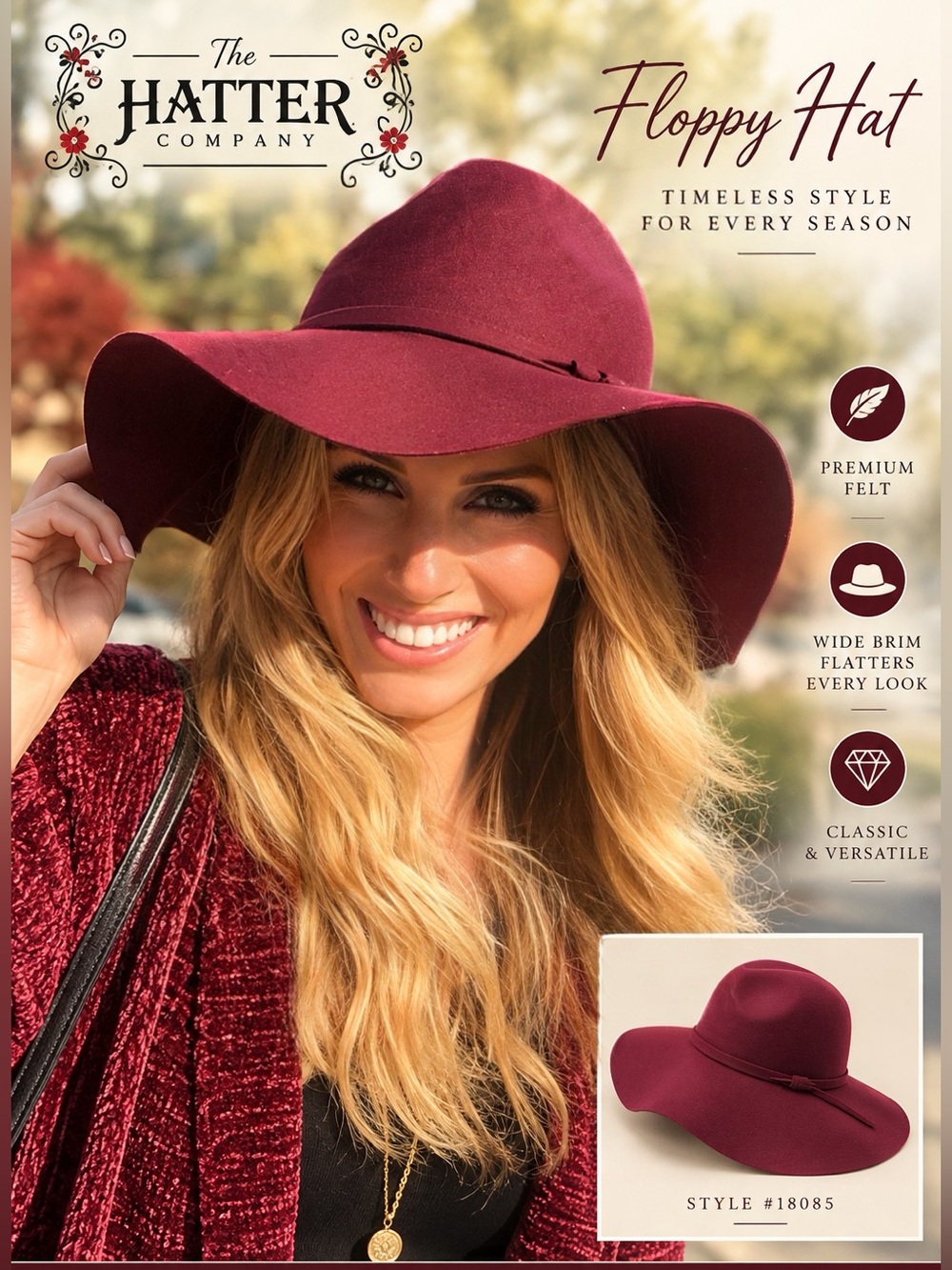 The Hatter Company Women's Wide-Brim Fedora Hat - Wine